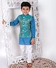 Superminis  Cotton Woven Full Sleeves Solid Kurta Pyjama With Dupion Silk Foil Floral Block Motif Designed Jacket -  Blue