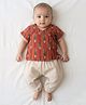 KLINGARU Cotton Knit Half Sleeves Ikat Printed Jhabla & Pants Set - Red