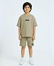 Anthrilo Cotton Blend Knit Half Sleeves Essentials Text Patch Detailed Oversized Tee & Shorts Set - Olive Green
