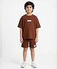 Anthrilo Cotton Blend Knit Half Sleeves Essentials Text Patch Detailed Oversized Tee & Shorts Set - Rust