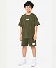 Anthrilo Cotton Blend Knit Half Sleeves Essentials Text Patch Detailed Oversized Tee & Shorts Set - Olive Green