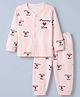 Mini Donuts Sinker Knit Full Sleeves Front Open Co-ord T-Shirt & Pyjama Night Suit With Text Print in Peach
