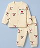 Mini Donuts Sinker Knit Full Sleeves Front Open Co-ord T-Shirt & Pyjama Night Suit With Text Print in Beige