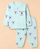 Mini Donuts Sinker Knit Full Sleeves Front Open Co-ord T-Shirt & Pyjama Night Suit With Text Print in Green
