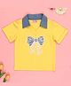 Cutecumber Cotton Knit Half Sleeves Bow Patch Detailed Beads & Pearl Embellished Tee - Yellow