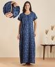 NIGHTSPREE Cotton Blend Woven Half Sleeves Floral Printed Maternity Nighty With Side Zipper Nursing Access - Blue