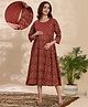 NIGHTSPREE Cotton Woven Three Fourth Sleeves Leaf Printed Maternity Dress With Side Zipper Nursing Access - Maroon