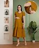 NIGHTSPREE Pure Cotton Woven Half Sleeves Leaves Embroidered Maternity Dress With Side Zipper Nursing Access - Mustard