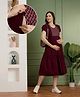 NIGHTSPREE Pure Cotton Woven Half Sleeves Leaves Embroidered Maternity Dress With Side Zipper Nursing Access - Purple