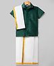 Dapper Dudes Cotton Silk Knit Half Sleeves Solid Shirt With Mundu & Angavastram-Dark Green