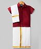 Dapper Dudes Cotton Silk Knit Half Sleeves Solid Shirt With Mundu & Angavastram-Dark Red