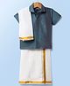 Dapper Dudes Cotton Silk Knit Half Sleeves Solid Shirt With Mundu & Angavastram-Green