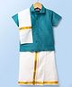 Dapper Dudes Cotton Silk Knit Half Sleeves Solid Shirt With Mundu & Angavastram-Teal Blue
