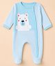 Babyhug Cotton Knit Full Sleeves Striped Sleepsuit with Bear Print - Light Blue Preemie