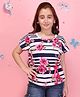 Cutecumber Knitted Half Sleeves Bow Applique Detailed Striped & Floral Printed Top - Navy Blue