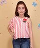 Cutecumber Woven Half Flutter Sleeves Striped Squares Embroidered & Floral Patch Detailed Top - Coral Pink