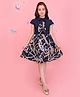 Cutecumber Georgette Woven Cap Sleeves Belt Printed Dress - Navy Blue