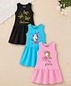 Trampoline Cotton Blend Knit Pack Of 3 Sleeveless Butterfly & Unicorn Printed Dresses - Blue Pink & Black
