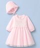 Babyhug Mesh Woven Full Sleeves Fit & Flare Embroidered Party Dress With Cap - Light Pink