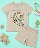 Be Awara Cotton Knit Half Sleeves Dinosaur Printed Tee & Shorts Set - Light Grey