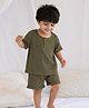 The Boo Boo Club 100% Cotton Muslin Woven Half Sleeves Solid Tee & Shorts Set - Olive Green