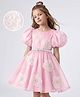 Hola Bonita Soild Woven Balloon Sleeves With Belt & Big Flower Applique Party Dress -Pink