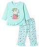 Tango Single Jersey Knit Full Sleeves T-Shirt & Pyjama Night Suit with Strawberry & Kitty Print - Aqua Blue