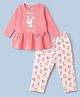 Tango Single Jersey Knit Full Sleeves Bunny & Floral Printed Frock with Leggings - Coral
