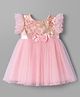Babyhug Woven Frill Sleeves Brocade Yoke Party Dress with Bow Applique - Pink