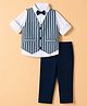 Babyhug Woven Full Sleeves Solid Shirt With Trouser & Striped Waistcoat Three Piece Party Suit With Bow - Navy Blue