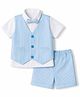 Babyhug Knit Half Sleeves Striped 3 Piece Party Suit with Attached Bow - Light Blue