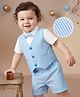 Babyhug Knit Half Sleeves Striped 3 Piece Party Suit with Attached Bow - Light Blue