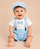 CANDY HOUSE Knitted Half Sleeves Polka Dots Printed Tee & Shorts Set With Attached Bow Suspender & Cap - Sky Blue