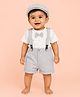CANDY HOUSE Knitted Half Sleeves Polka Dots Printed Tee & Shorts Set With Attached Bow Suspender & Cap - Grey