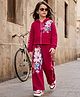 OLLINGTON ST. Looper Knit Full Sleeves Hooded Winter Wear Suit With Floral Print - Red