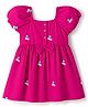 Babyhug Cotton Woven Dress with Half Sleeves and Floral Embroidery - Fuchsia