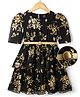 Hola Bonita Woven Party Wear Gold Foil Printed Dress Half Sleeves With Belt - Black