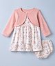 Babyhug Interlock Knit Frock with Bloomer and Shrug with Full Sleeves and Floral Print in White
