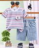 TOONYPORT Cotton Knit Half  Sleeves Bear Applique Detailed  Striped Tee & Shorts Set - Blue