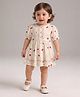 Bella Moda Cotton Woven Half Sleeves Teddy With Bow Printed Dress - Cream