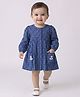 Bella Moda Cotton Woven Full Sleeves Checked & Floral Embroidered Dress - Navy Blue