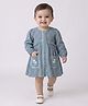 Bella Moda Cotton Woven Full Sleeves Checked & Floral Embroidered Dress - Teal Blue