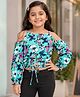 Kiddopanti Georgette Woven Cold Shoulder Three Fourth Sleeves Floral Printed Top - Aqua