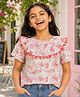 Kiddopanti Georgette Woven Sleeveless Floral Printed Pom Pom Embellished Top - White