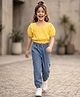 OLLINGTON ST. Cotton Schiffili Woven Half Sleeves Top With Denim Joggers Set - Yellow & Blue