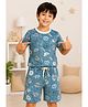 3PIN Cotton Knit Half Sleeves Cats Printed Coordinating Tee & Shorts Set - Blue