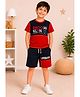 3PIN Cotton Knit Half Sleeves Colour Blocked Brooklyn Text Printed Tee & Shorts Set - Red