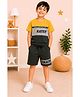 3PIN Cotton Knit Half Sleeves Colour Blocked Skater Text Printed Tee & Shorts Set - Yellow