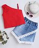 Bright Stars KIDSWEAR Single Jersey Knit One Shoulder Bow Applique Detailed Top & lace Embellished Skort Set - Red