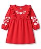 Babyhug Single Jersey Knit Full Sleeves Dress with Floral Print & Bow Applique - Red